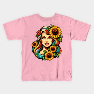 Woman with sunflowers Kids T-Shirt